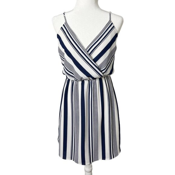 Monteau Womens Blouson Dress L Blue White Stripe Mini Sleeveless Spaghetti Strap - Picture 1 of 7
